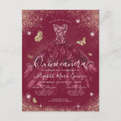 Glam Burgundy Red Gold Glitter Gown Quinceanera Briefkaart (Voorkant)