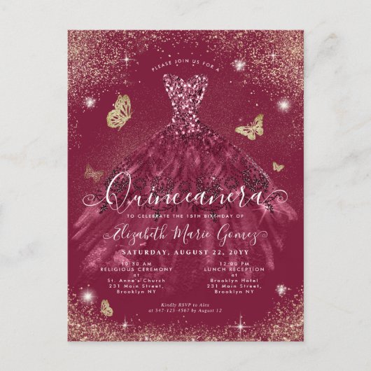 Glam Burgundy Red Gold Glitter Gown Quinceanera Briefkaart (Voorkant)