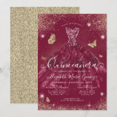 Glam Burgundy Red Gold Glitter Gown Quinceanera Kaart (Voorkant / Achterkant)