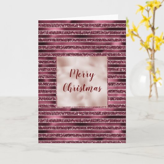 Glam Burgundy Red Rose Blush Glitter Stripes Kaart (Gele Bloem)