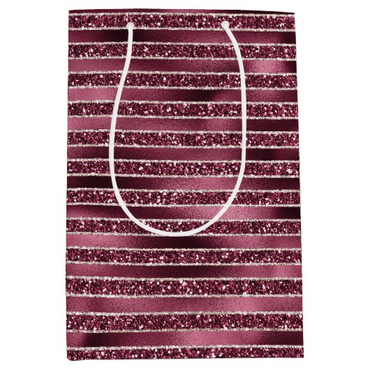 Glam Burgundy Red Rose Blush Glitter Stripes Medium Cadeauzakje (Voorkant)