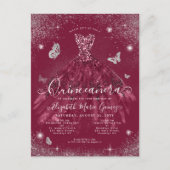 Glam Burgundy Red Silver Glitter Gown Quinceanera Briefkaart (Voorkant)