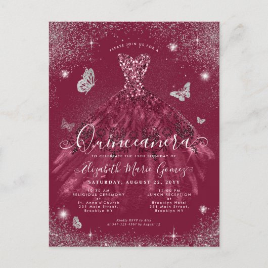 Glam Burgundy Red Silver Glitter Gown Quinceanera Briefkaart (Voorkant)