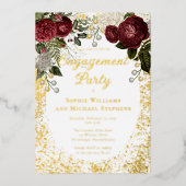 Glam Burgundy Roos Floral Engagement Party Folie Uitnodiging (Voorkant)
