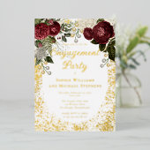 Glam Burgundy Roos Floral Engagement Party Folie Uitnodiging (Staand Voorkant)