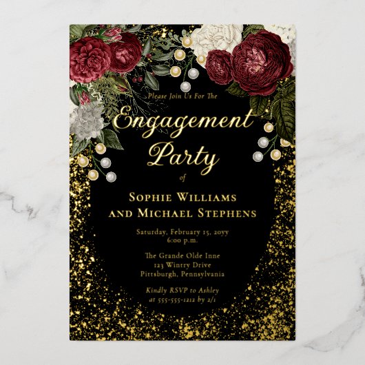 Glam Burgundy Roos Floral Engagement Party Folie Uitnodiging (Voorkant)