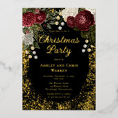 Glam Burgundy Roos Floral-kerstfeestdag Folie Uitnodiging (Voorkant)
