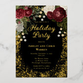 Glam Burgundy Roos Floral-kerstfeestdag Folie Uitnodiging (Voorkant)