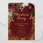 Glam Burgundy Roos Floral-kerstfeestdag Folie Uitnodiging (Voorkant)