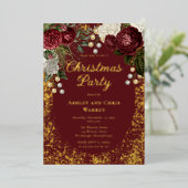 Glam Burgundy Roos Floral-kerstfeestdag Folie Uitnodiging (Staand Voorkant)