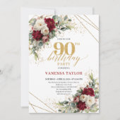 Glam Burgundy White Rose Gold 90th Birthday Invite Kaart (Voorkant)