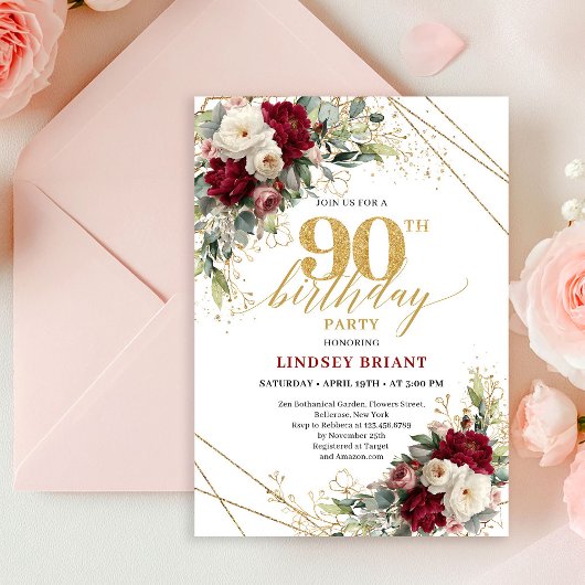 Glam Burgundy White Rose Gold 90th Birthday Invite Kaart