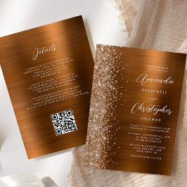 Glam Burnt Orange Brushed Metal QR Code Wedding Kaart