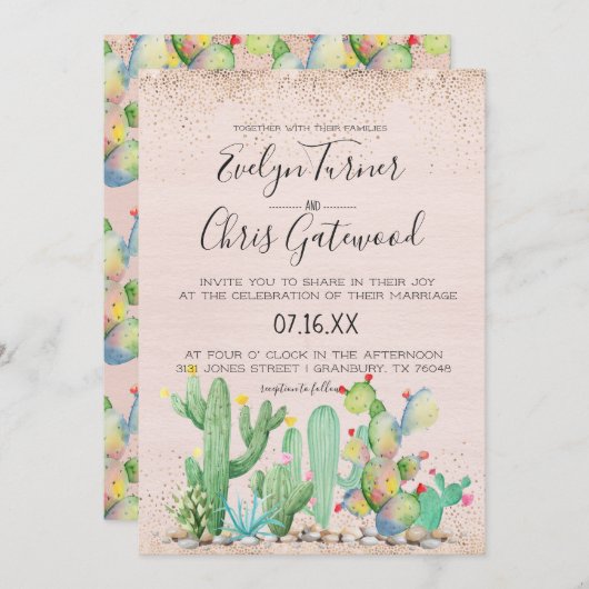Glam Cactus Fiesta Wedding Invitation Kaart (Voorkant / Achterkant)