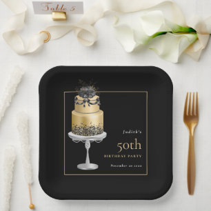 Glam Cake Florals Gold 50th Birthday Black Papieren Bordje