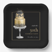 Glam Cake Florals Gold 50th Birthday Black Papieren Bordje (Voorkant)