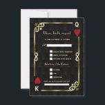 Glam Casino Gold Great Song Request Weddenschap RSVP Kaartje<br><div class="desc">Uniek casino Royale en geweldig ontwerp voor de kaart. Hij heeft een kunstdecostijl, een Roaring 1920's oude Hollywood gebroken lijst met faux goudfolie Fleur-de-lis, rode harten, Q en K op twee hoeken (het simuleren van speelkaarten), op de gouden zwarte Kunst Deco patroonachtergrond. Gebruik het gereedschap Personaliseren om je gegevens toe...</div>