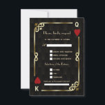 Glam Casino Gouden Groot Lied Verzoek Trouwen RSVP Kaartje<br><div class="desc">Unieke Casino Royale en geweldig gethematiseerd kaartontwerp. Het bevat vintage art deco stijl, een Roaring Twenties oude Hollywood gebroken frame met namaak gouden folie Fleur-de-lis, rode harten, Q en K op twee hoeken (simuleren speelkaarten), op gouden zwarte Art Deco patroon achtergrond. Gebruik de personaliseertool om uw informatie toe te voegen....</div>