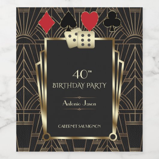 Glam Casino Great Gatsby 40th Poker Birthday Wijn Etiket (Enkel label)
