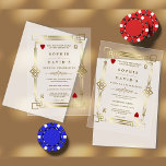 Glam Casino Night Las Vegas bruiloft transparant Acryl Uitnodigingen<br><div class="desc">Deze Premium Acryl-uitnodigingen (twee afwerkingen om uit te kiezen: Clear of Frosted) zijn perfect voor het creëren van blijvende indrukken. Casino Las Vegas thema kaart ontwerp. Het beschikt over faux gold lijst, Roaring 20's oude Hollywood-stijl, speelkaartpakken, op een doorzichtige achtergrond. Gebruik de tool Personaliseren om uw gegevens toe te voegen....</div>