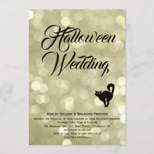 Glam Cat on Gold Halloween Wedding Invitation Kaart