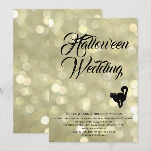 Glam Cat op gouden Halloween bruiloft uitnodiging (Voorkant / Achterkant)