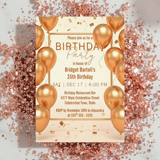 Glam Champagne Gold Balloons and Confetti Birthday Kaart