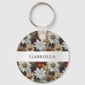 Glam Champagne Gouden Rode Witte Bloemen Sleutelhanger (Voorkant)