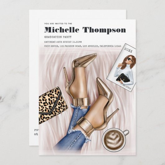 Glam Chic Gold Mode Show Graduparty Kaart (Voorkant / Achterkant)