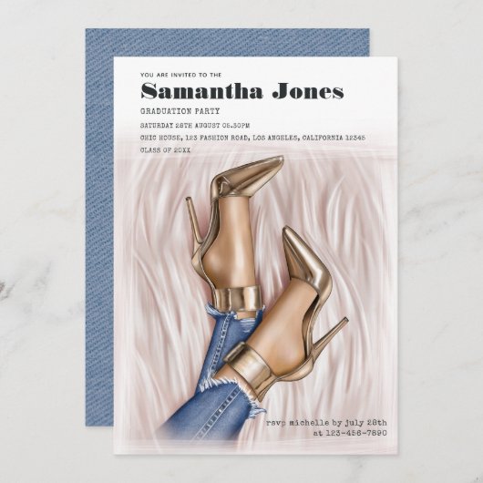 Glam Chic Mode Denim Graduation Party Kaart (Voorkant / Achterkant)