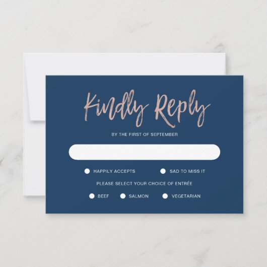 Glam Chic Navy Blue & Roos Gold Wedding RSVP Kaart (Voorkant)