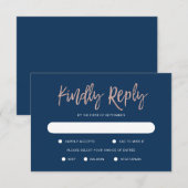 Glam Chic Navy Blue & Roos Gold Wedding RSVP Kaart (Voorkant / Achterkant)