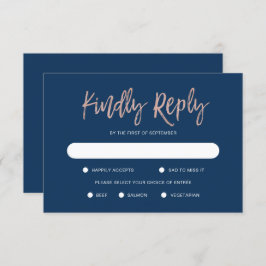 Glam Chic Navy Blue & Roos Gold Wedding RSVP Kaart