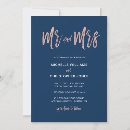 Glam Chic Navy & Roos Gold Mr & Mrs Wedding Invite Kaart (Voorkant)