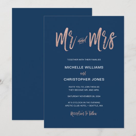 Glam Chic Navy & Roos Gold Mr & Mrs Wedding Invite Kaart (Voorkant / Achterkant)