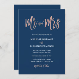 Glam Chic Navy & Roos Gold Mr & Mrs Wedding Invite Kaart