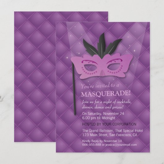 Glam Chic Paars Mask Masquerade Party Uitnodiginge Kaart (Voorkant / Achterkant)