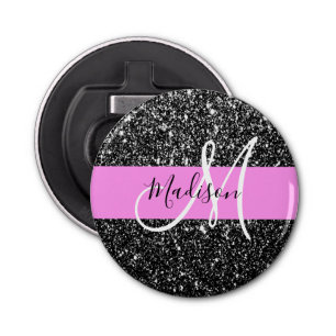 Glam Chic Pink Black Glitter Sparkle Name Monogram Button Flesopener