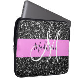 Glam Chic Pink Black Glitter Sparkle Name Monogram Laptop Sleeve (Voorkant Rechts)