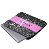 Glam Chic Pink Black Glitter Sparkle Name Monogram Laptop Sleeve (Voorkant onderkant)