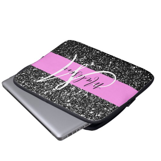 Glam Chic Pink Black Glitter Sparkle Name Monogram Laptop Sleeve (Voorkant onderkant)