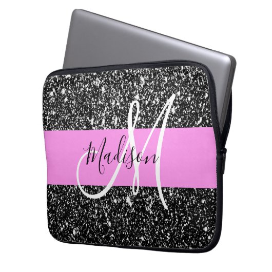 Glam Chic Pink Black Glitter Sparkle Name Monogram Laptop Sleeve (Voorkant Links)