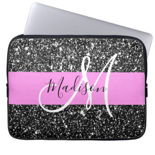 Glam Chic Pink Black Glitter Sparkle Name Monogram Laptop Sleeve