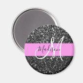 Glam Chic Pink Black Glitter Sparkle Name Monogram Magneet (Voorkant / Achterkant)