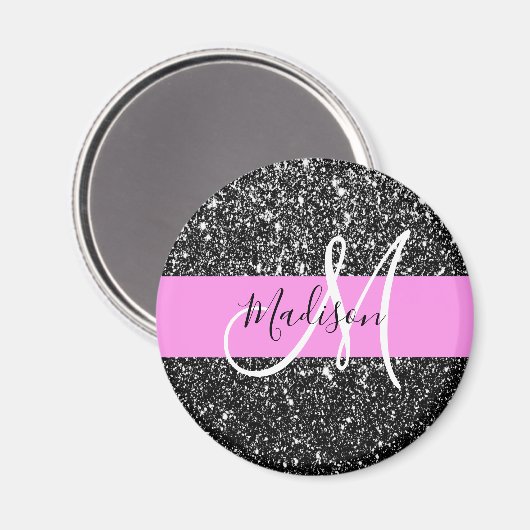 Glam Chic Pink Black Glitter Sparkle Name Monogram Magneet (Voorkant / Achterkant)