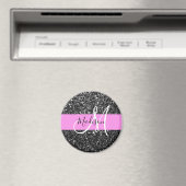 Glam Chic Pink Black Glitter Sparkle Name Monogram Magneet (Insitu (Vaatwasser))
