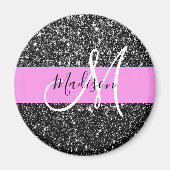 Glam Chic Pink Black Glitter Sparkle Name Monogram Magneet (Voorkant)