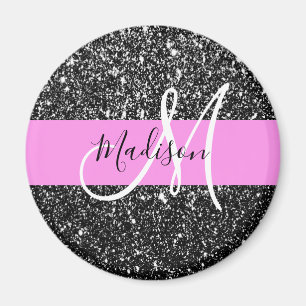 Glam Chic Pink Black Glitter Sparkle Name Monogram Magneet