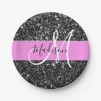 Glam Chic Pink Black Glitter Sparkle Name Monogram Papieren Bordje