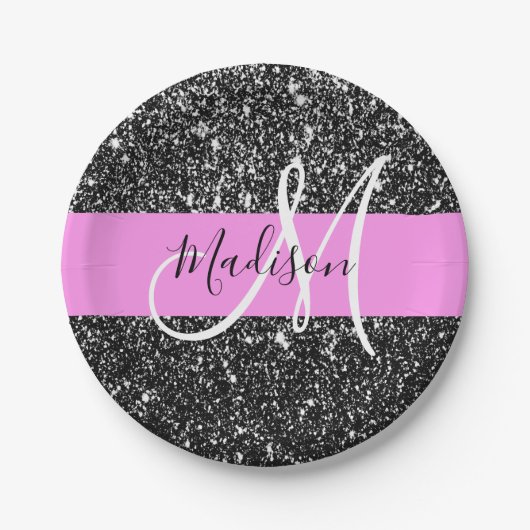 Glam Chic Pink Black Glitter Sparkle Name Monogram Papieren Bordje (Voorkant)